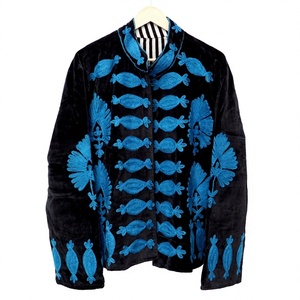 Vintage Black <b>Velvet</b> Embroidered Anti-Wrinkle Eco-Friendly Coat Floral Pattern Mandarin Collar Three Quarter Sleeve Open Front - Product Image 1