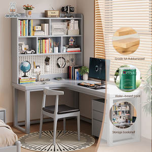 โต๊ะคอมพิวเตอร์เล่นเกมแบบมุมตัว L อเนกประสงค์ทนทานพร้อมชั้นวางหนังสือแบบมีตะเก็นไม้สำหรับบ้านสำนักงานโต๊ะเรียนไม้แข็งประหยัดพื้นที่ - Product Image 4