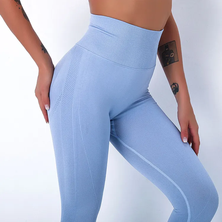 Fashionable High Waist Breathable Seamless Fitness Gym Wear Solid Color Leggings Yoga Pants For Women