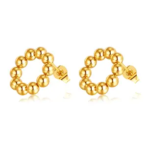 Surgical Steel Hypoallergenic Fashion Design Metal Balls Beaded Hoop earrings Bead Circular Stud Earrings Gold Pated