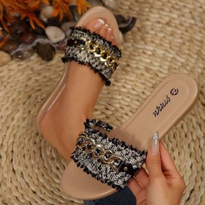 Sandali piatti da donna eleganti con tomaia in tessuto, decorazioni in cristallo, punta aperta, slip-on, comodi, per primavera/estate, casual, per tutti i giorni, di tendenza. - Product Image 2