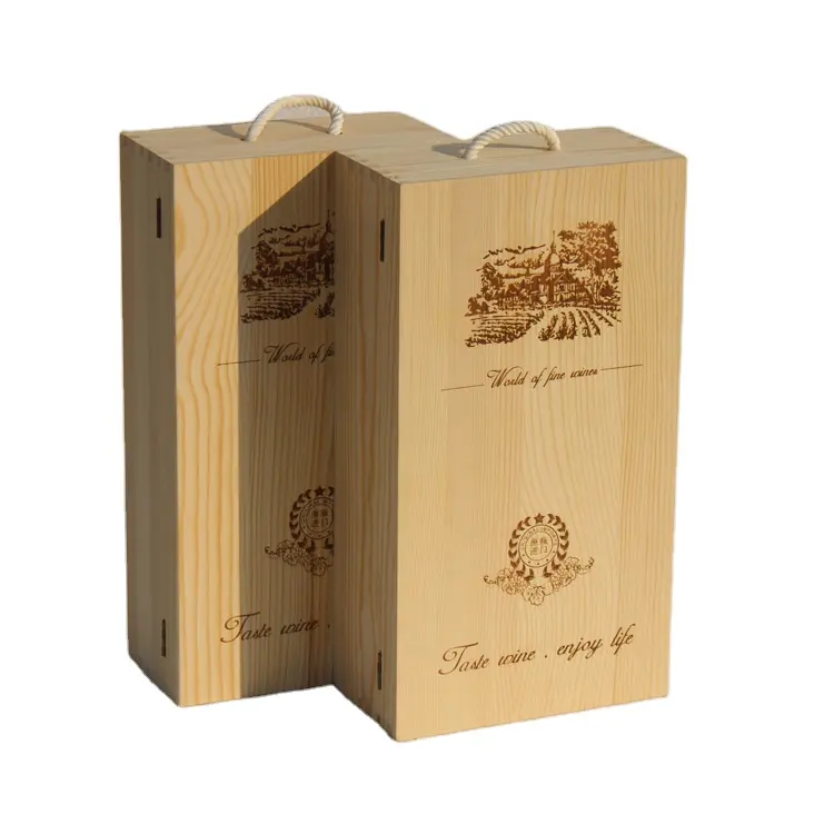 صندوق خشبي مزدوج لخمر النبيذ صندوق تعبئة خشبي مكون من قطعتين صندوق هدايا مطبوع بعلامة تجارية من الجهة المصنعة
