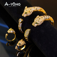 Ensemble de bijoux en zircon en forme de panthère très vendu, bracelet et bague plaqués or pour femmes, bracelet tête de léopard