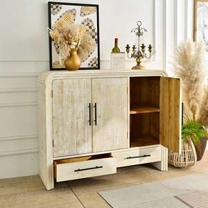 Armoire de rangement pour salon INNOVAHOME - Meuble en bois et métal écologique blanc antique - Product Image 2