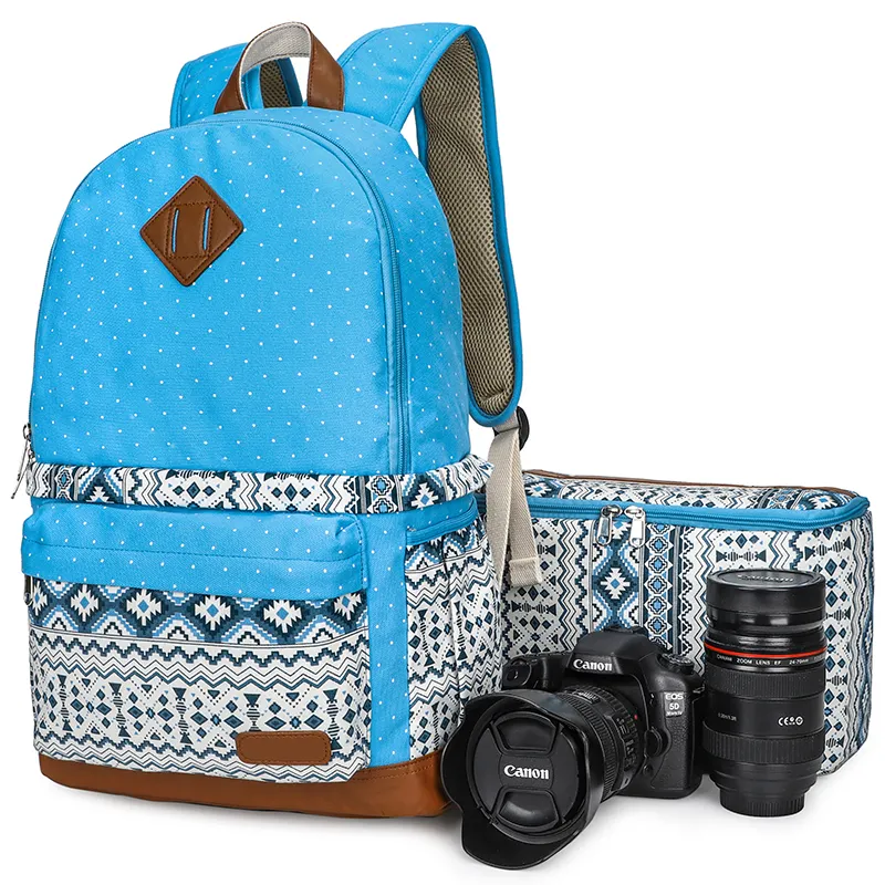 Tas ransel kamera wanita, tas kamera SLR lucu, gaya tahan air, biru untuk Canon Nikon Sony, dengan pelindung hujan dan pegangan Tripod