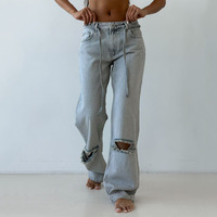 Jean en denim déchiré ample taille haute pour femme, respirant, style streetwear d'été