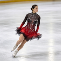 Robe de patinage artistique à dégradé noir et rouge avec strass, col montant, manches longues, en maille, pour compétition et spectacle sur glace, pour adultes et enfants