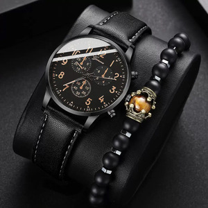 Montre à quartz décontractée pour homme Geneva Trendyy avec bracelet en œil de tigre et ceinture en cuir, ensemble transfrontalier pour le commerce extérieur - Product Image 3