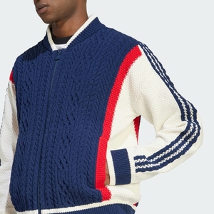 Bomber da <span class=keywords><strong>uomo</strong></span> su misura con strascico lavorato a maglia maglione con righe Varsity <span class=keywords><strong>Cardigan</strong></span> tricolore in maglia rossa, bianca e <span class=keywords><strong>blu</strong></span> - Product Image 3