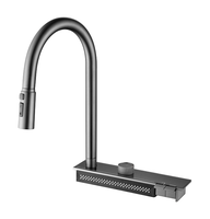 Évier de cuisine gris anthracite au design moderne avec robinet cascade en acier inoxydable, lavabo multifonctionnel à poser sur comptoir