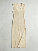 Robe longue maxi en maille tricotée sans manches à col en V pour femme, ajourée sur les côtés, idéale comme cache-maillot de bain ou tenue de vacances