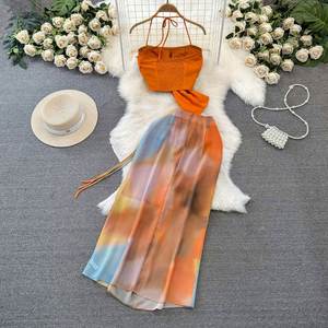 Conjunto Casual de Verano de 2 Piezas para Mujer, Top Corto Tipo Halter, Falda Estampada de Cintura Alta, Antiarrugas, Poliéster/Algodón, para Vacaciones - Product Image 4