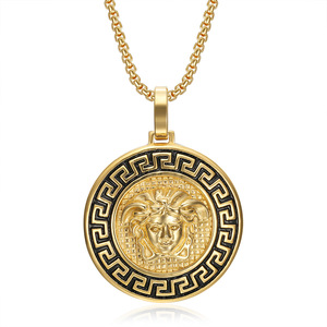 Collier pendentif en acier inoxydable plaqué or, plaque circulaire noircie, motif Grande Muraille, design mythologie grecque, lien pour enfants - Product Image 6
