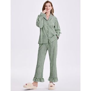Womens Gingham Pajamas Set Cotton Plaid Long Sleeve Button Down Shirt Pants Ruffled Hem 2 Piece <b>Lounge</b> Wear - Product Image 5
