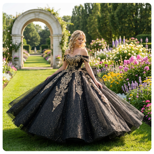 Elegante Vestido de Quinceañera Negro con Hombros Descubiertos LSMC54, Apliques de Encaje Metálico, Corpiño Transparente, Bordado, Cuentas, Lentejuelas, Estilo Natural - Product Image 1