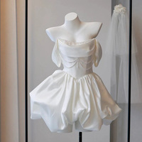 Robe de cocktail blanche en satin de style court français, épaules dénudées, modeste, longueur au sol, dentelle pour mariage, fiançailles, anniversaire, fête, banquet
