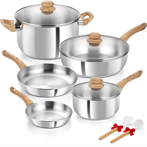 Juego de Utensilios de Cocina de Acero Inoxidable de 6 Piezas con Tapa de Vidrio, Mango de Madera Suave al Tacto, Compatible con Gas e Inducción, Apto para Lavavajillas y Horno - Product Image 1