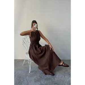 Robe maxi sans manches en mousseline marron, taille élastique, robe décontractée, taille S - Product Image 3