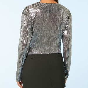 Tùy Chỉnh Sequin Của Phụ Nữ Hàng Đầu Dài Tay Áo V-Cổ Áo Phụ Nữ Áo Sơ Mi Đàn Hồi Cắt Sequin Crop Top - Product Image 4