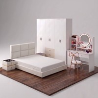 Suite de chambre à coucher moderne de luxe, lit moelleux blanc crème, ensemble 5 pièces, table de chevet intelligente à LED, matelas, lit king-size, grande armoire, dressing
