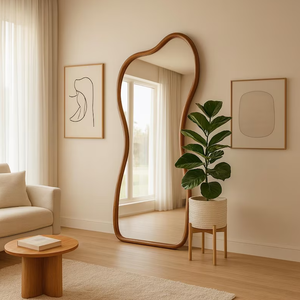 <span class=keywords><strong>Miroir</strong></span> corporel asymétrique unique avec bordure en bois courbée, sur pied, pour la maison moderne, le salon, les projets hôteliers - Product Image 5