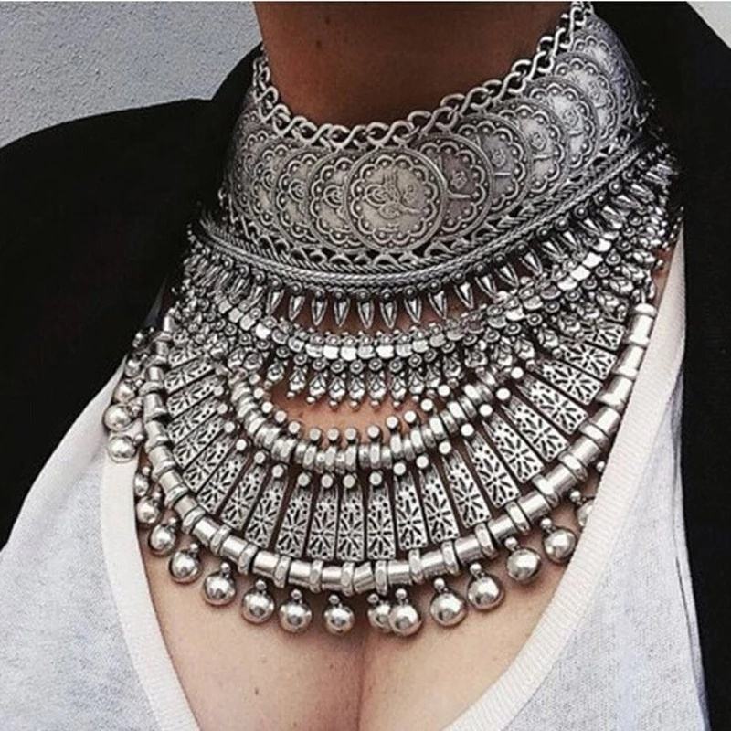 Big Fashion Women Jewellery Gifts New Collar Coin Necklace Pendant  Vintage Crystal Maxi Choker Statement Collier Necklaces