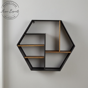 Modern hexagon wall shelf with multiple compartments stylish metal frame and wooden racks for decor and storage - Product Image 1