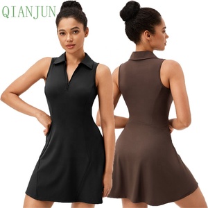 Vente chaude femmes mode revers col demi fermeture éclair Fitness exercice Tennis jupes en plein air Tennis Fitness séchage rapide Yoga robe - Product Image 1