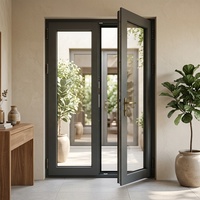 Porte extérieure moderne PENJOY en aluminium et bois, verre trempé, double entrée, ouverture battante, moustiquaire en fibre de verre