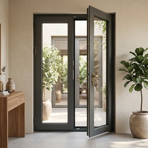 Puerta Exterior de Doble Hoja de Aluminio y Madera de Primera Calidad PENJOY, Puerta de Entrada Doble con Vidrio Templado - Product Image 1