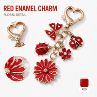 Porte-clés Papillon Fleur en Émail Rouge, Breloque Coccinelle en Alliage de Zinc Plaqué Or avec Perle, Pendentif pour Sac à Main et Décoration de Voiture pour Femme