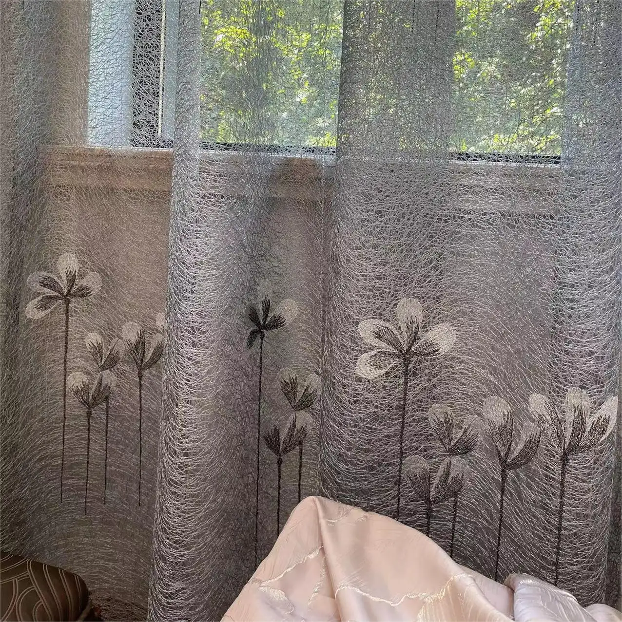 Launch in 2022-cortina de gasa Kapok bordada, tela de tapicería de diseño moderno, para cortinas y ropa, color gris