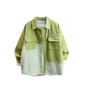 Conjunto de ropa para niño grande 2025, camisa informal de manga larga de retazos a rayas verdes para otoño - Product Image 5