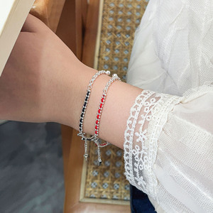 S925 Sterling Silver Red Black <b>Rope</b> Braided <b>Bracelet</b> Tassel Design Women's Everyday Wear Jewelry - Product Image 1