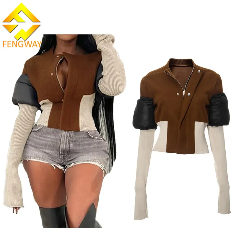 2024 Nova Moda Patchwork Zip Up Casaco Streetwear Slim Fit Casaco Curto Na Moda Inverno Quente Grosso das Mulheres Casaco