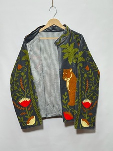 Women's <b>Velvet</b> Safari <b>Jacket</b> Mandarin Collar Hand Embroidered Animal Pattern Full Sleeve Autumn Style <b>Jacket</b> - Product Image 3