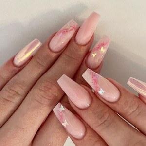 Faux ongles longs en forme de cercueil avec colle, en <span class=keywords><strong>diamant</strong></span> rose français de haute qualité, motif papillon, pour femmes, pour mariage - Product Image 6
