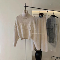 Ensemble décontracté automne 2026 pour femme : pull en maille anti-plis à col mandarin + jupe + écharpe (Nylon/Coton) imprimé effet 3D