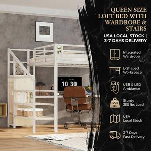 Lit mezzanine queen size avec bureau en forme de L et lit mezzanine en métal USB avec <span class=keywords><strong>armoire</strong></span> et étagère réglable - Product Image 1