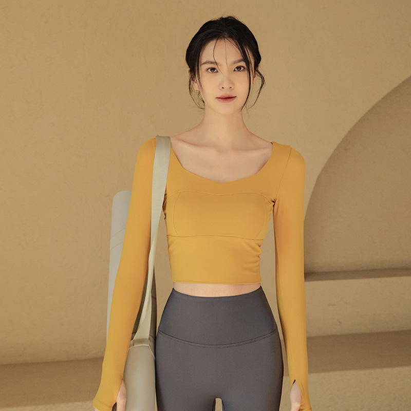 Women's Modal Long-Sleeved Skinny Front Logo Sweat-Wicking Four-Way Stretch Nude Yoga Suit Top Lightweight Design