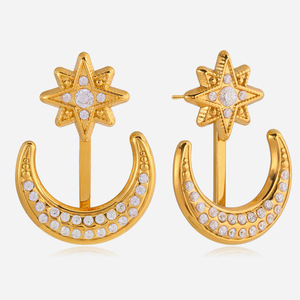 Boucles d'oreilles étoile et lune, ton or, zircon blanc, micro-insertion, acier inoxydable, bijoux de mode pour femmes, cadeau - Product Image 1
