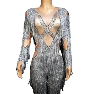 Bạc dài tay áo thạch tua Rompers sexy Câu Lạc Bộ tua Playsuit khiêu vũ trang phục sân khấu hiệu suất mặc phụ nữ Jumpsuit