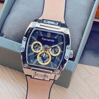 Montre à quartz tonneau pour homme, 43 mm, 20 mm, boîtier bicolore argent et or, cadran noir ajouré, multi-sous-cadrans, bracelet en caoutchouc