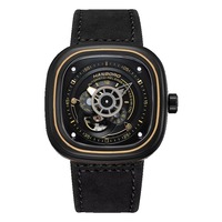 Jam Tangan Pria Hitam Emas Persegi Kerangka Otomatis Kristal Penunjuk Retro Mekanis Baja Tahan Karat Tali Kulit Suede 3BAR