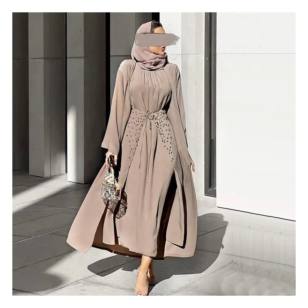 Grosir pakaian Islami kualitas tinggi Abaya sederhana hitam dengan batu buatan tangan untuk Muslim Wanita 3 potong Set gaun Abaya Crepe