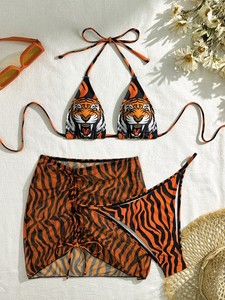 2026 European American New Sexy Fresh Tiger Stripe 3 Piece Set Spandex/Polyester Bikini Swimwear - Product Image 6