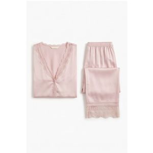 Ensemble de pyjama en satin pour femme, manches longues, col en V, bordure en dentelle, élégant, deux pièces, pantalon long jusqu'aux chevilles, doux, pour le printemps - Product Image 3