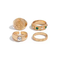 Grüner Legierungs-Crest-Ring-Set für Herren, Gold/Silberfarben, gravierte Bänder, Punk-Eheringe, Hip-Hop-Geschenk