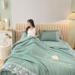 Sang Trọng Bé Màu Xanh Lá Cây Lyocell Sợi Bộ Đồ Giường Đặt Cho Cô Gái Mô Hình Hình Học Ren Chắp Vá Màu Xanh Trải Giường Thêu Bộ Đồ Giường Chăn - Product Image 4