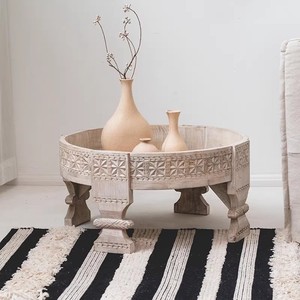 Tavolino da Caffè Rotondo in Legno Massello Intagliato a Mano - <span class=keywords><strong>Tavolo</strong></span> d'Appoggio in Stile Marocchino Vintage con Intricate Decorazioni Floreali per Soggiorno - Product Image 6